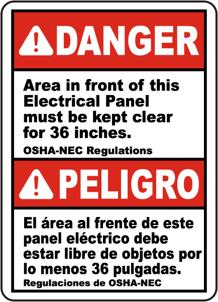 Danger Area in front of this Electrical Panel must be kept clear for 36 inches sign