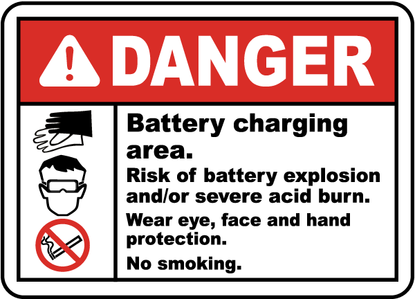 Danger Battery charging area. Risk of battery explosion and/or severe acid burn sign