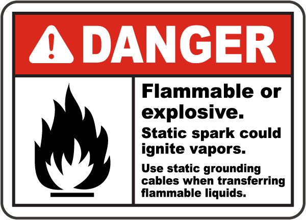 Danger Flammable or explosive Static spark could ignite vapors Sign