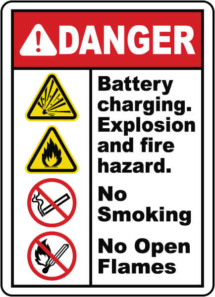 DANGER. Battery charging. Explosion and fire hazard. No Smoking. No Open Flames