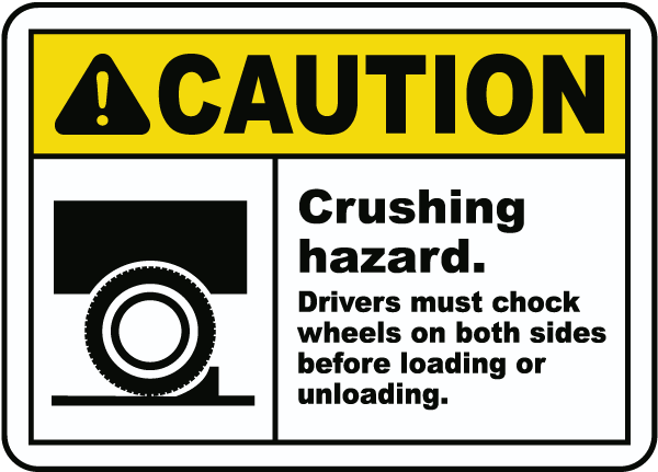 Caution Crushing hazard Drivers must chock wheels sign