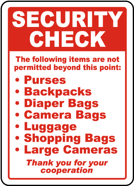 Security Check The following items are not permitted beyond this point sign