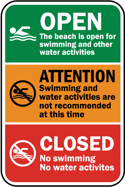 Open The beach is open for swimming and other water activities sign