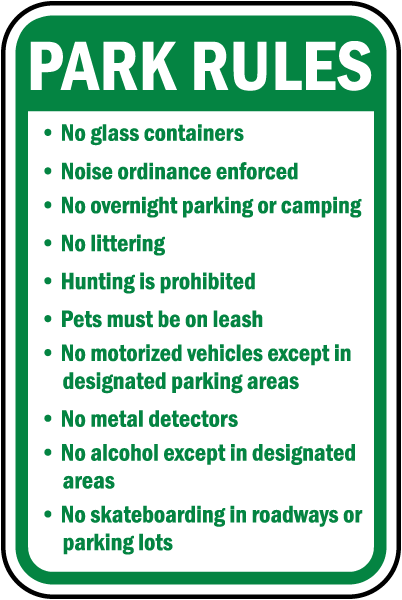 Park Rules No glass containers sign