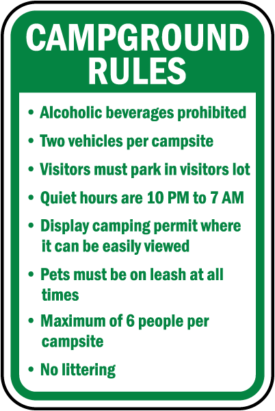 Camground Rules Alcoholic beverages prohibited sign