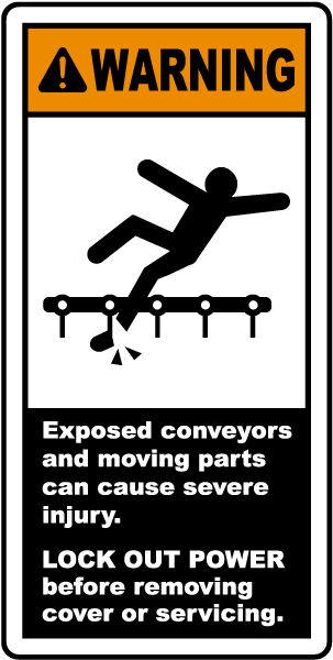 Warning Exposed conveyor and moving parts can cause severe injury label
