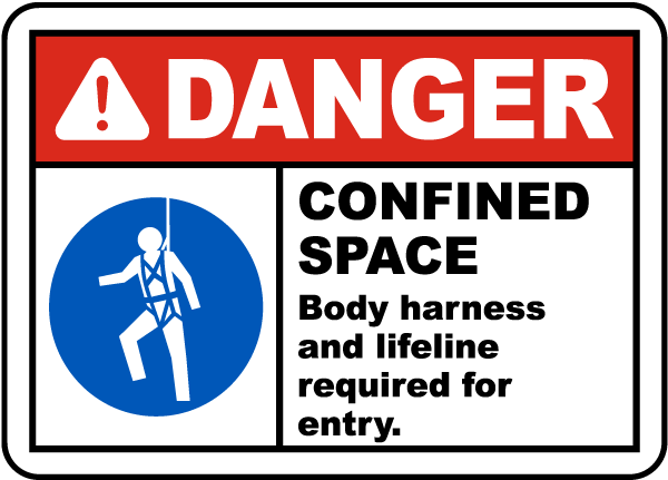 Danger Confined Space Body Harness and Lifeline Required for Entry.