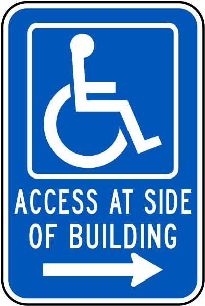 Handicapped Parking Sign-Access At Side Of Building with right arrow 