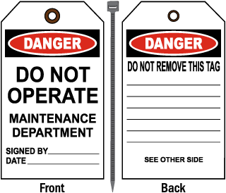 Danger Do Not Operate Maintenance Department Tag