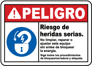 Peligro, Riesgo de heridas serias. No limpiar, reparar o ajustar este equipo sin antes bloquear la energia.