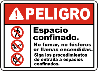 Peligro Espacio confinado. No fumar, no fosforos or llamas encendidas sign
