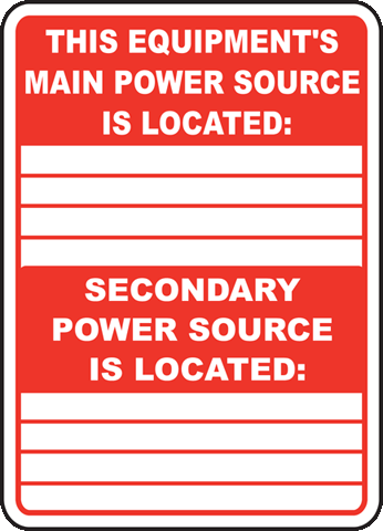 This Equipment's Main Power Source Is Located Secondary Power Source Is Located sign