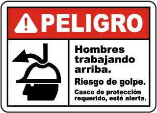 Peligro Hombres trabajando arriba. Riesgo de golpe. Casco de proteccion requerido, este alerta sign