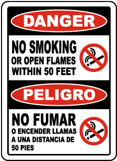 Bilingual Danger Sign No Smoking Or Open Flames Within 50 Feet Sign