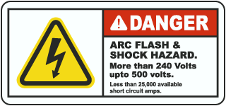 Danger ARC FLASH SHOCK HAZARD More than 240 volts up to 500 volts.. label