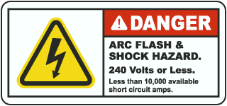 Arc flash label-Danger ARC FLASH & SHOCK HAZARD. 240 Volts or Less. Less than 10,000 available short circuit amps. Reference SOP-MA-0370