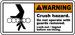 Warning Crush hazard Do not operate with guards removed Lock-out tagout before servicing label