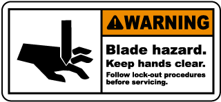 Warning Blade hazard. Keep hands clear. Follow lock-out procedures before servicing label