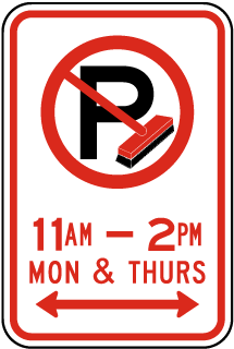 11 AM - 2 PM Mon & Thurs Sign with ''P'' Street Sweeping