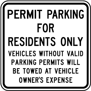Permit Parking For Residents Only Vehicles Without Valid Parking Permits Will Be Towed At Vehicle Owner's Expense Sign