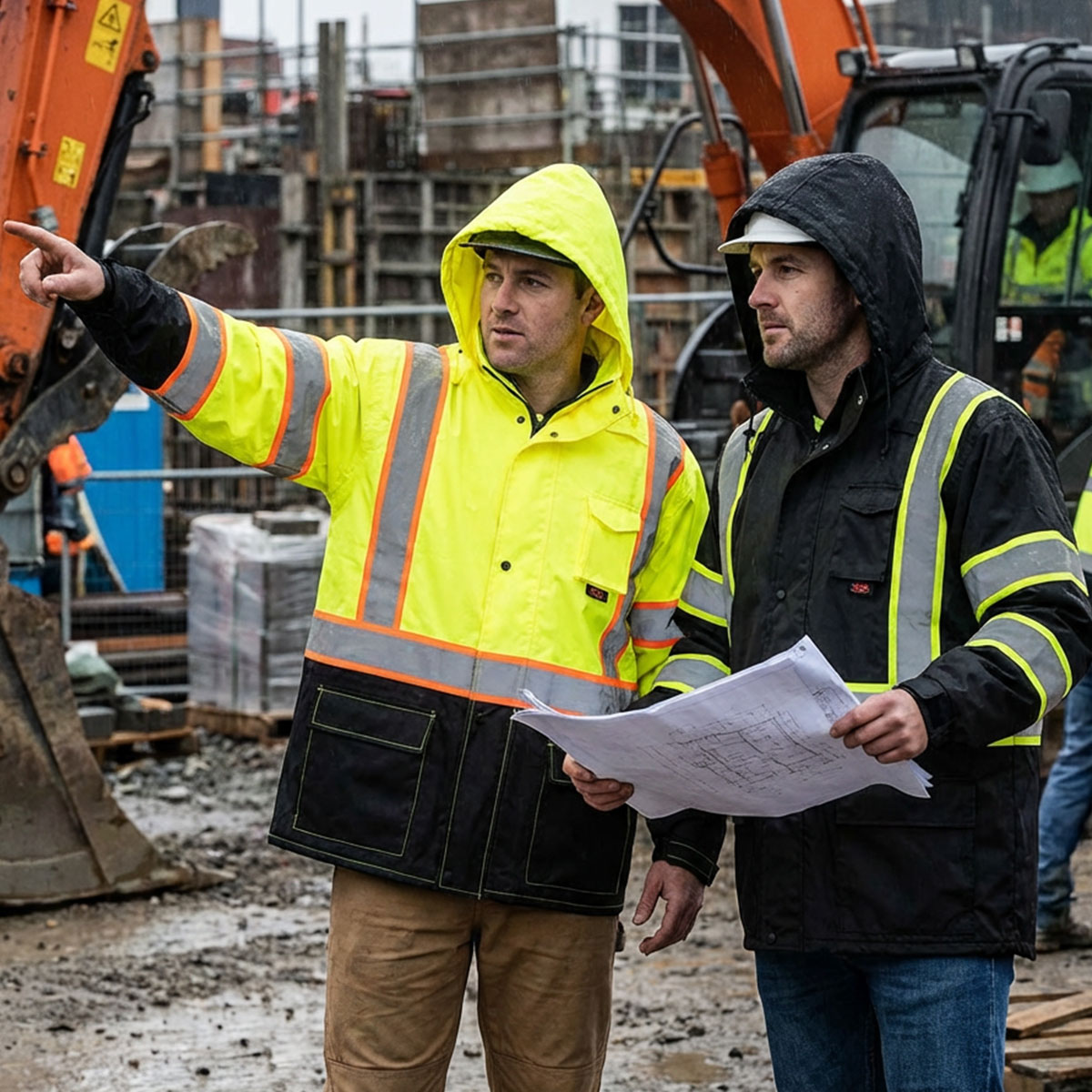 Two Men with Orange and Yellow Mesh Safety Vests with Zippers