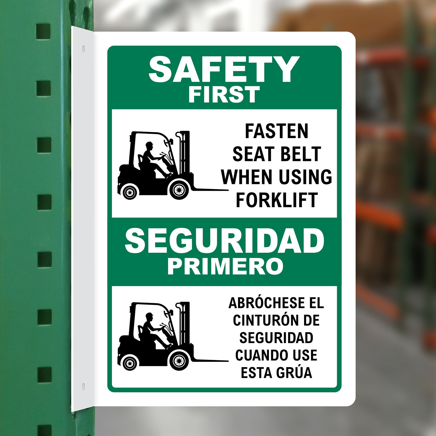 Bilingual Safety First, Fasten Seat Belt When Using Forklift Sign