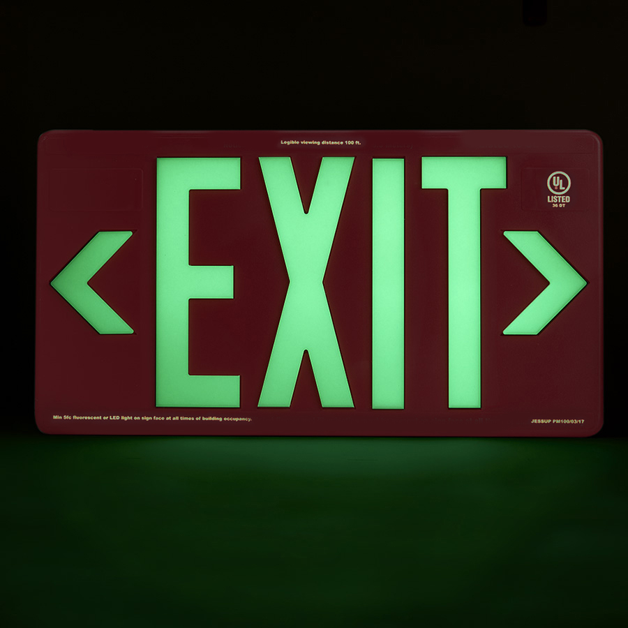 Red Photoluminescent Exit Sign - Rated for Indoor/Outdoor - Double Sided - 100FT Viewing Distance 