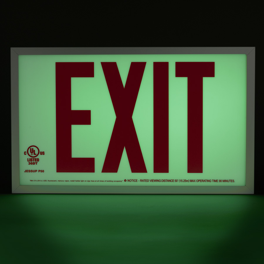 Red Photoluminescent Exit Sign - Aluminum Frame - Double Sided - 50FT Viewing Distance 