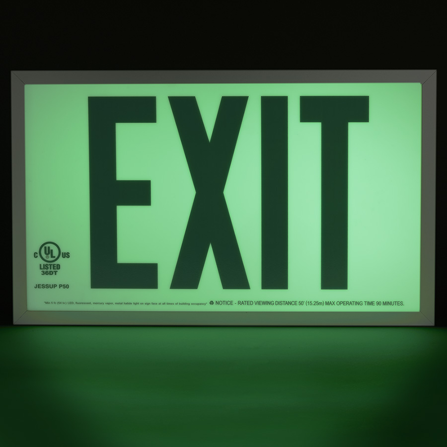 Green Photoluminescent Exit Sign - Aluminum Frame - Double Sided - 50FT Viewing Distance 