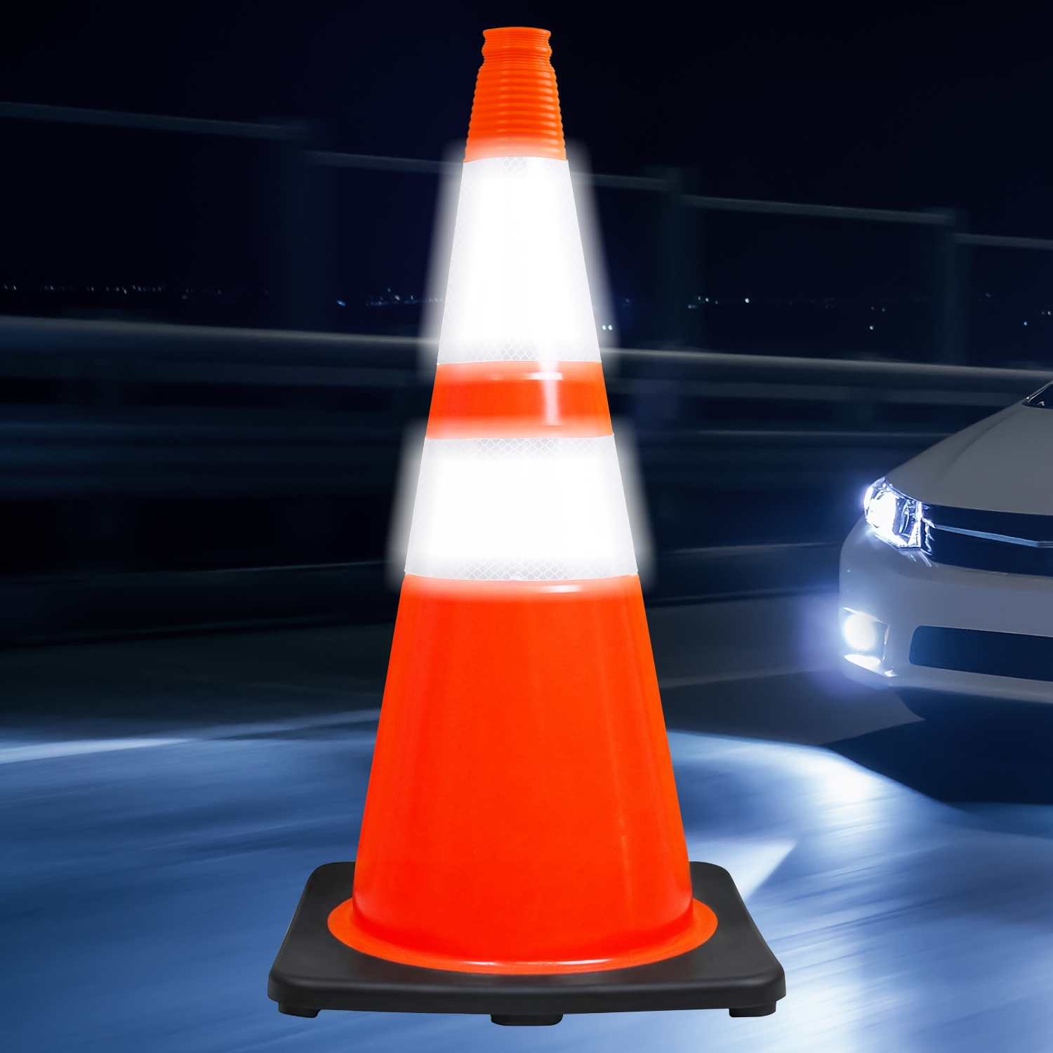 28" Elite Orange Traffic Cone, 10lbs Black Base & 3M Reflective Bands