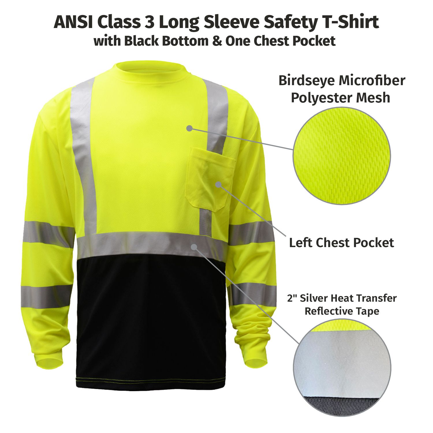 ANSI Class 3 Long Sleeve Safety T-Shirt with Black Bottom