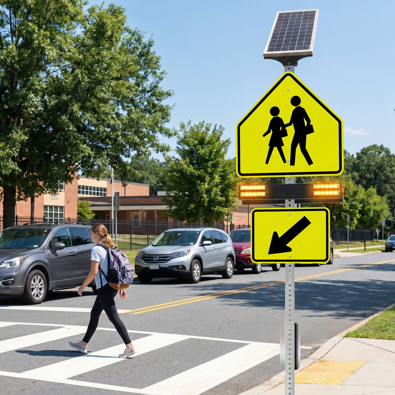 RRFB MUTDC School Crosswalk Kit,Single-Sided Solar (2 Beacons),30" Fluorescent Yellow-Green DG Sign