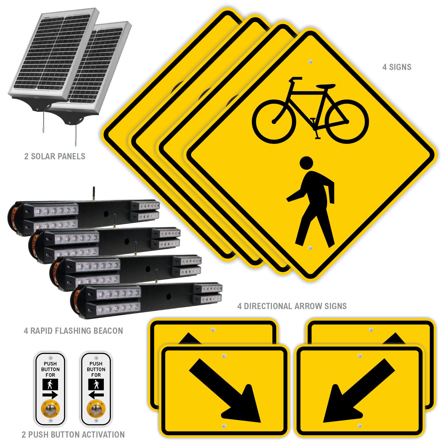 RRFB MUTCD Bike & Pedestrian Crosswalk System,Double-Sided Solar, 30" Diamond Grade Sign with Arrows