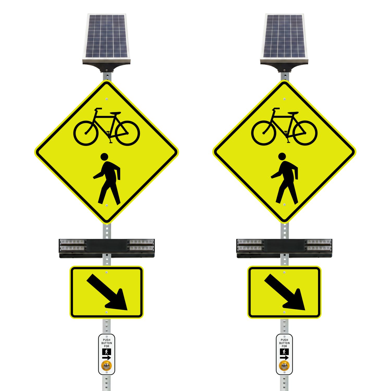 RRFB MUTCD Bike & Pedestrian Crosswalk Kit, Double-Sided Solar, 30" Fluorescent Yellow-Green DG Sign