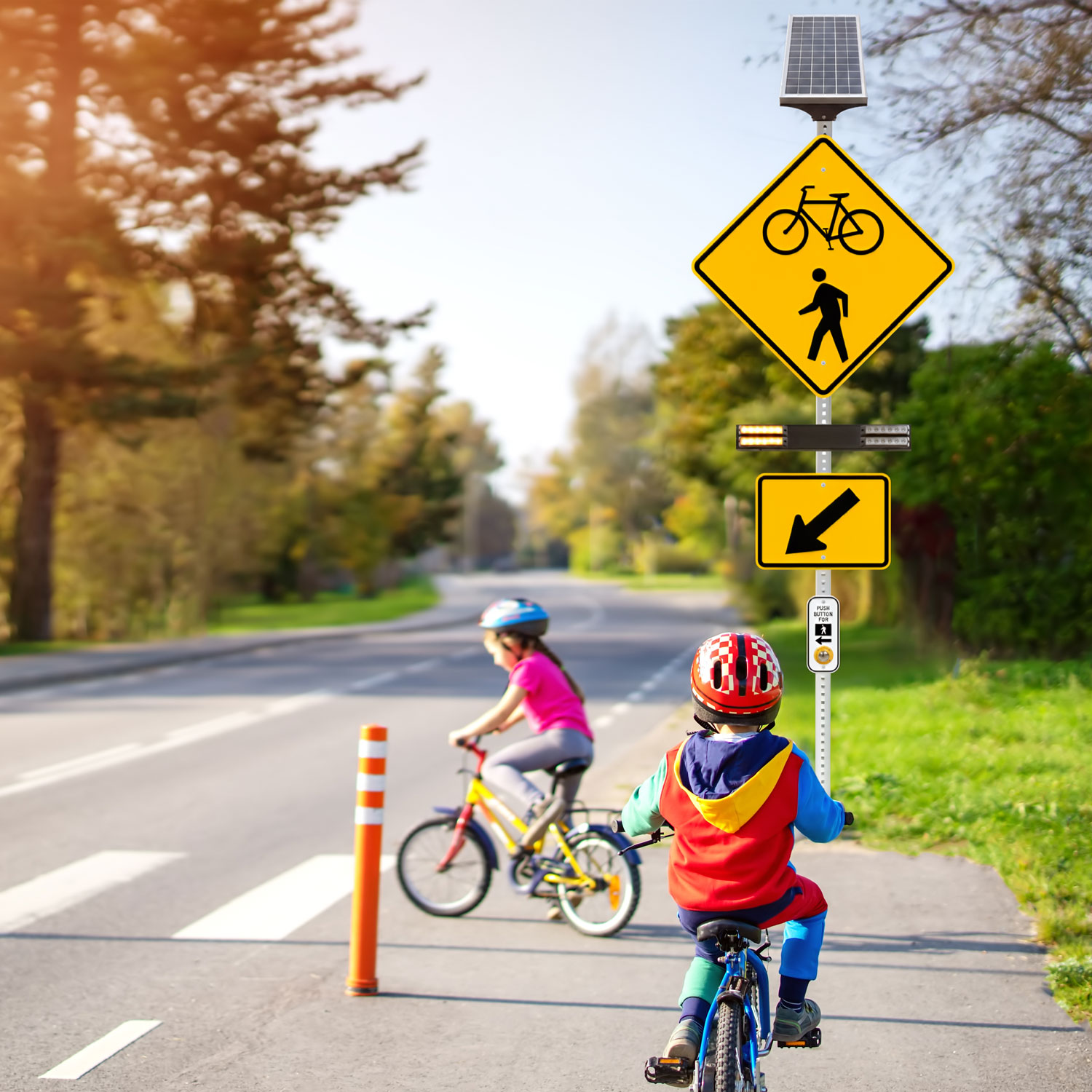 RRFB MUTCD Bike & Pedestrian Crosswalk Kit, Single-Sided Solar, 30" Fluorescent Yellow-Green DG Sign