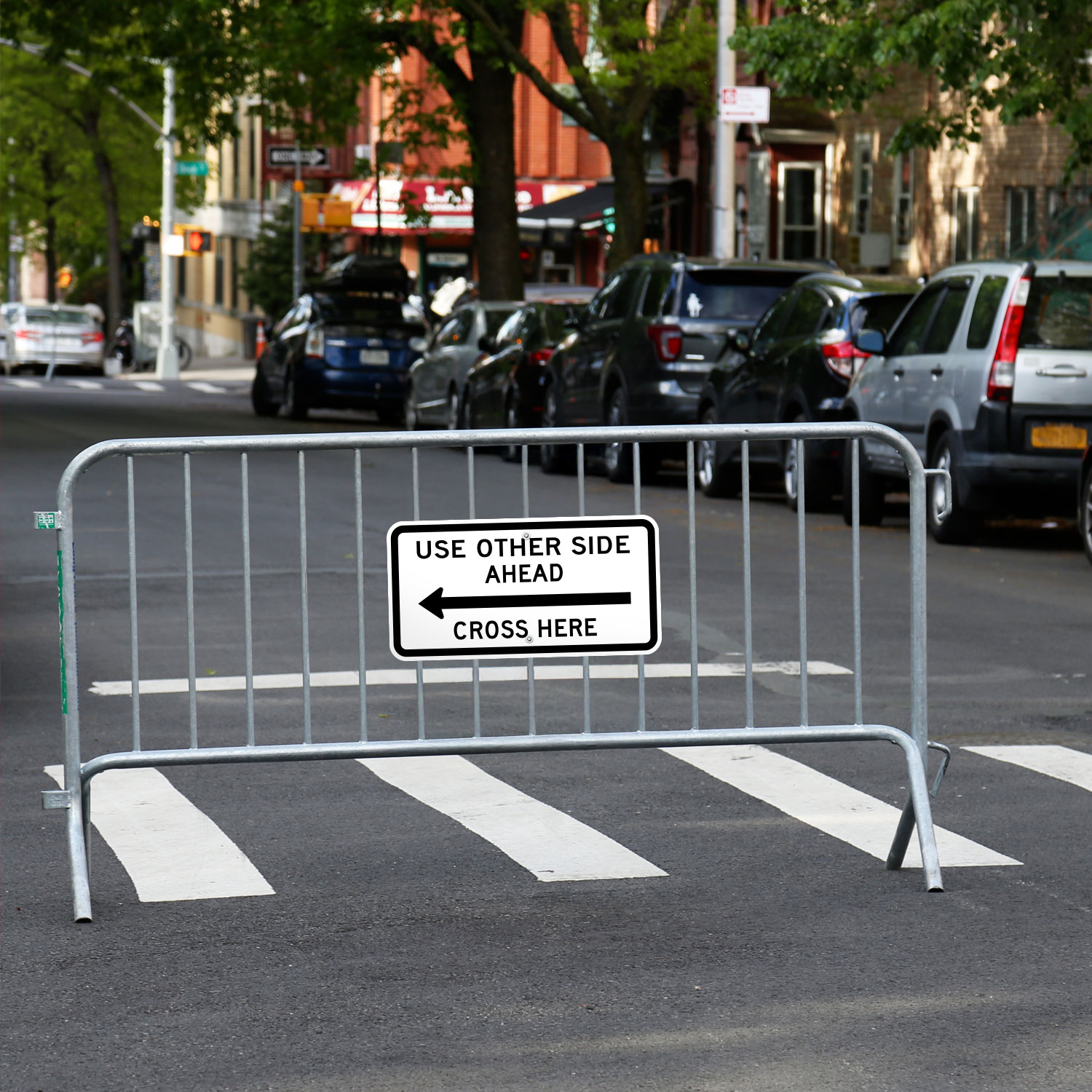 Use Other Side Ahead Cross Here to the Left Sign