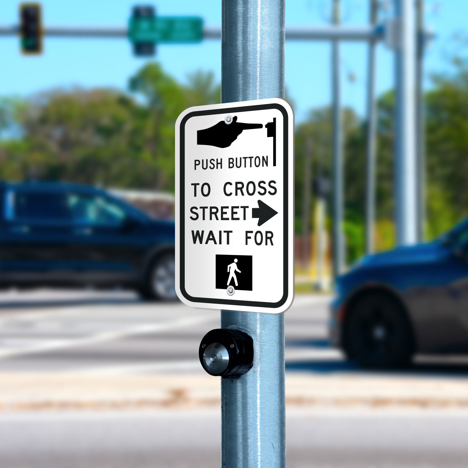 Push Button To Cross Street to the Right Sign