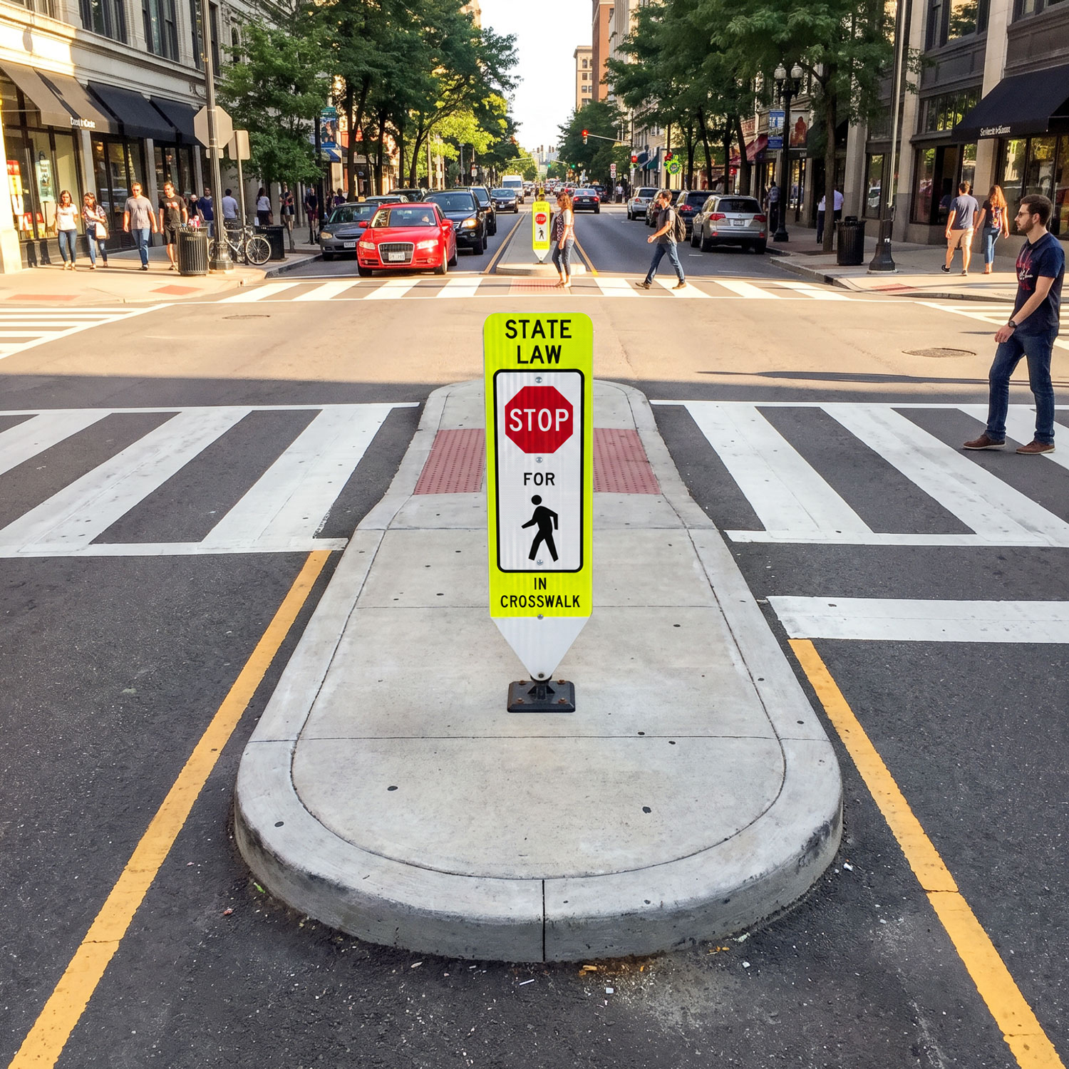 Stop For Pedestrians In-Street Sign with Fixed Base