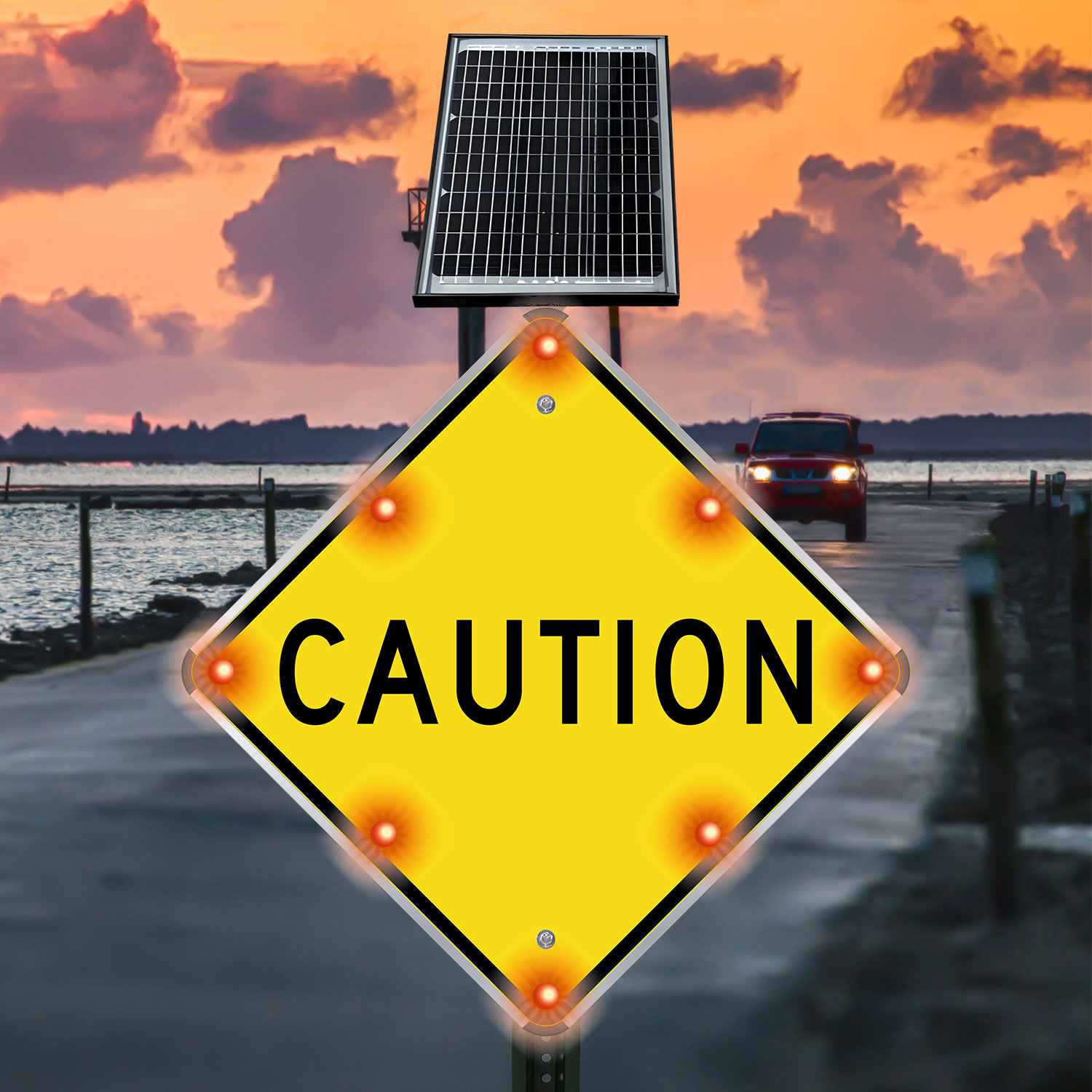 LED Solar Caution Sign