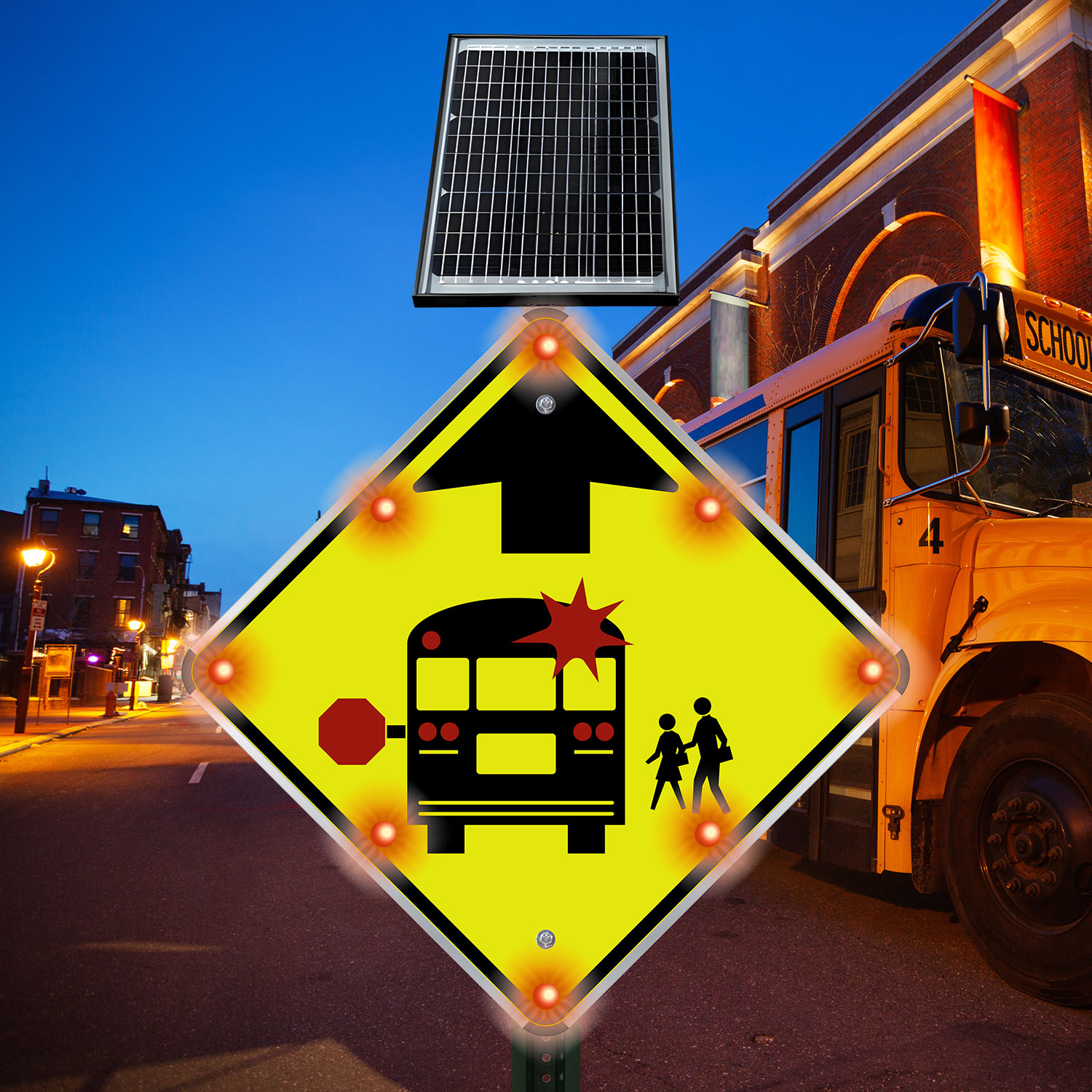 LED Solar School Bus Stop Ahead Sign