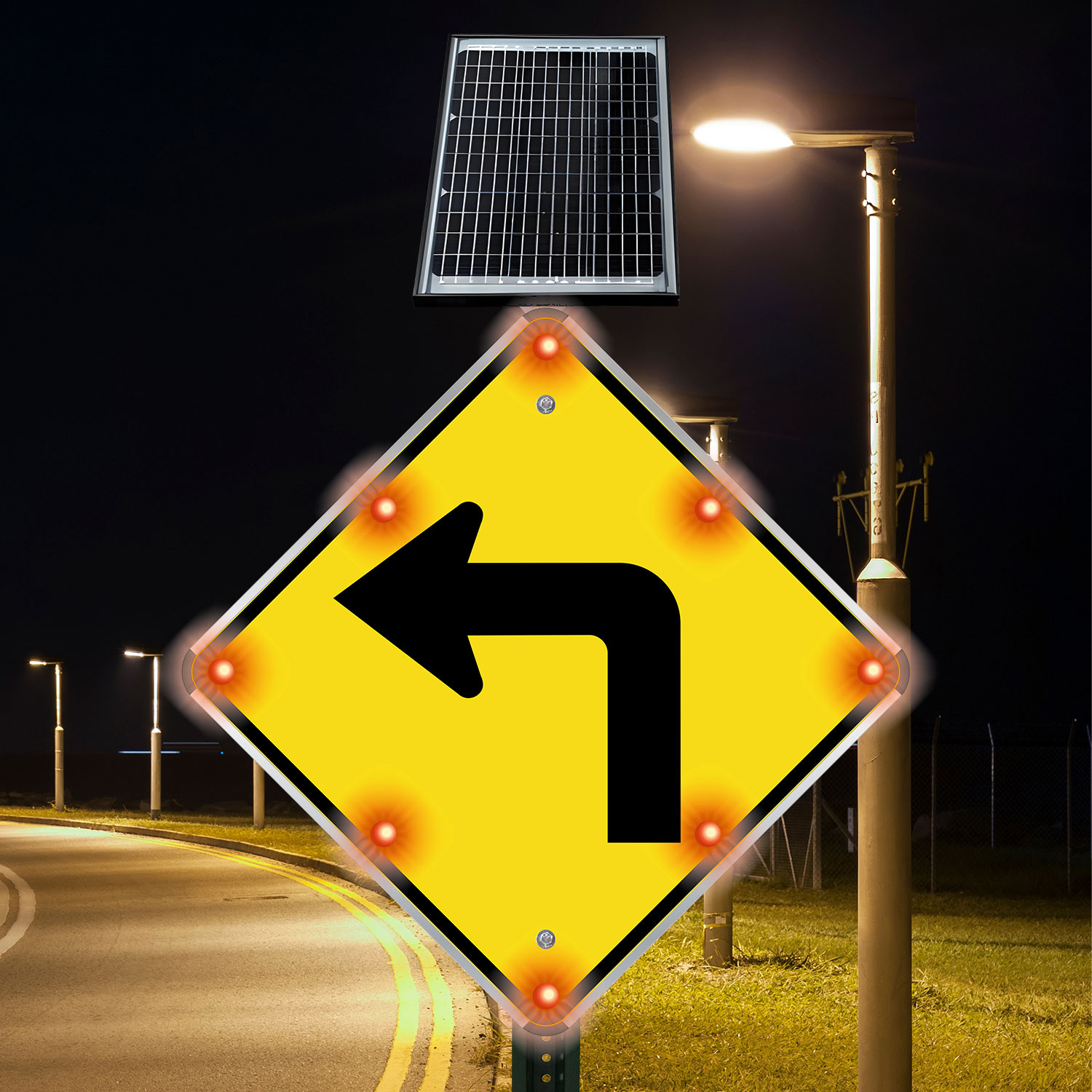 LED Solar Left Turn Ahead Sign