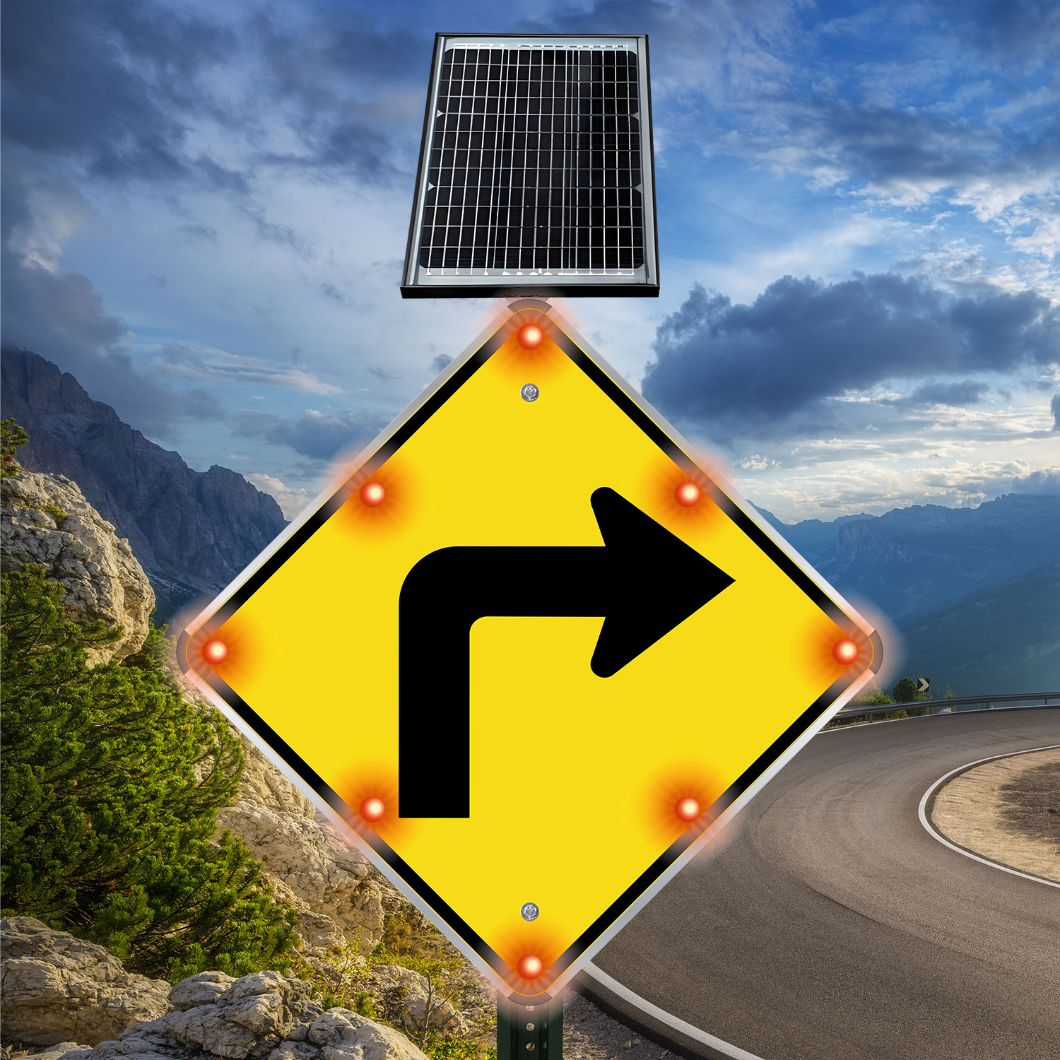 LED Solar Right Turn Ahead Sign