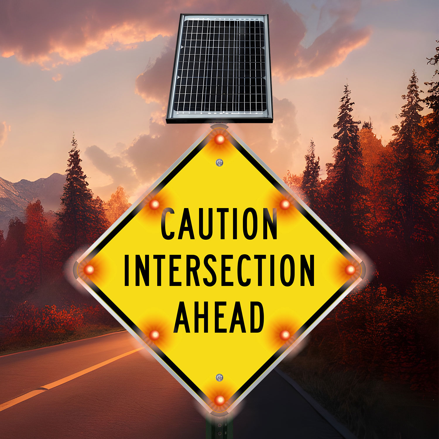 LED Solar Caution Intersection Ahead Sign