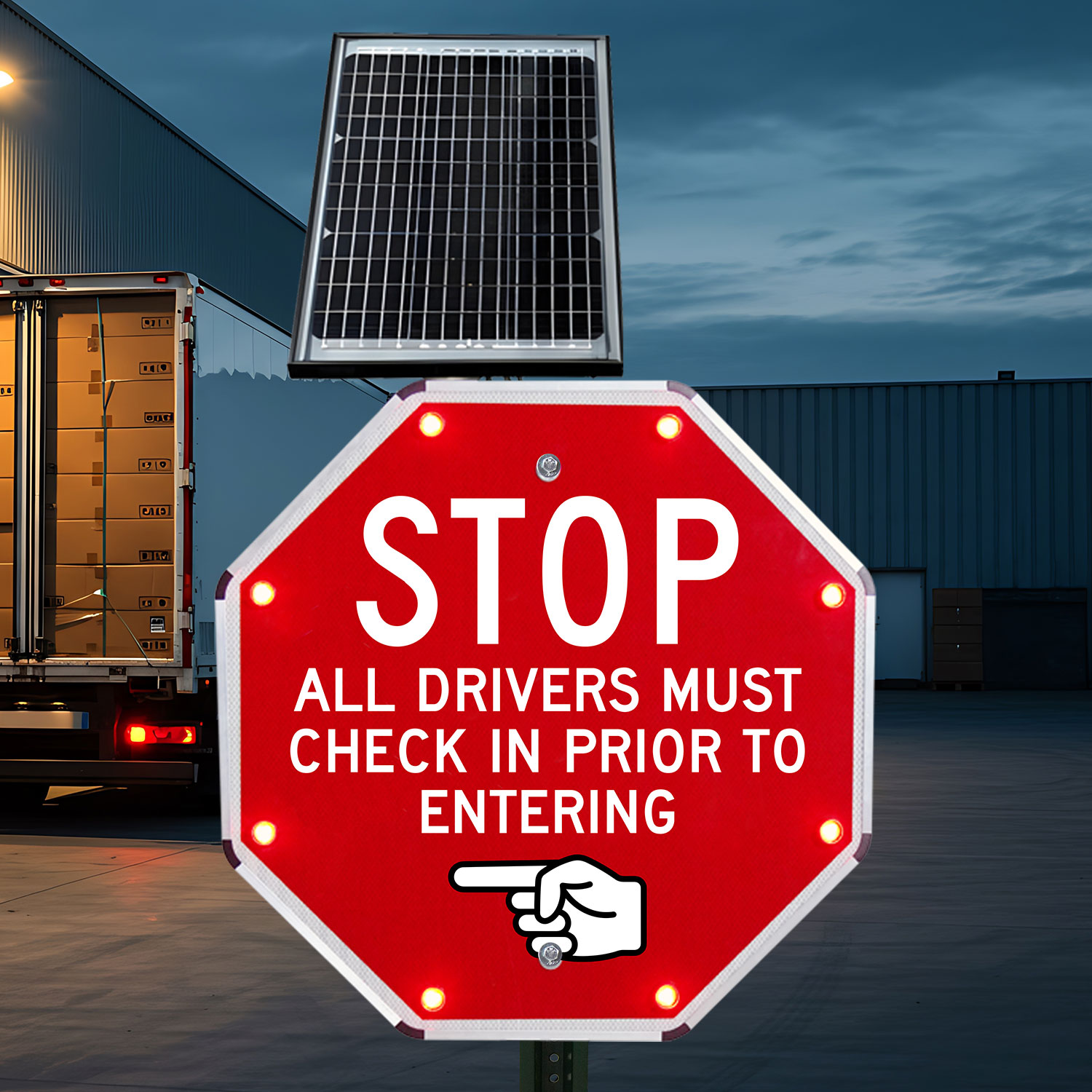 LED Solar Stop All Drivers Must Check In Prior To Entering Sign