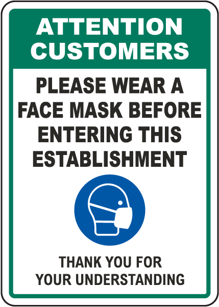 Sign Adhesive Sticker Notice Visitors Must Wear A Face Mask Covering Hands Face 