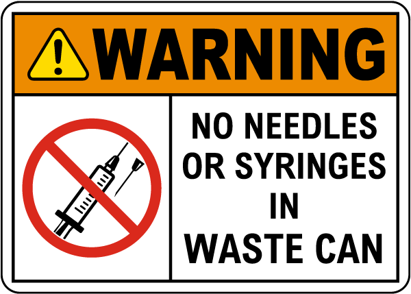 2 X NO NEEDLES OR SYRINGES STICKERS SIGN 