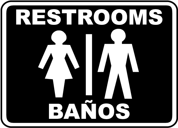 Men Women Restroom Bilingual Sign Set 7x5 in Orange Plastic for Bathrooms by ComplianceSigns 