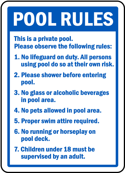 Size Options. Pool Rules Swim Own Risk No Diving Running Horseplay Glass Sign 