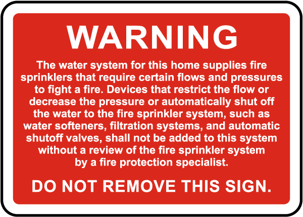 NFPA Residential Sprinkler System Warning Sign 