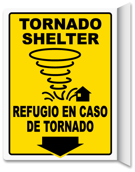 Bilingual Tornado Shelter Down Arrow 2-Way Sign
